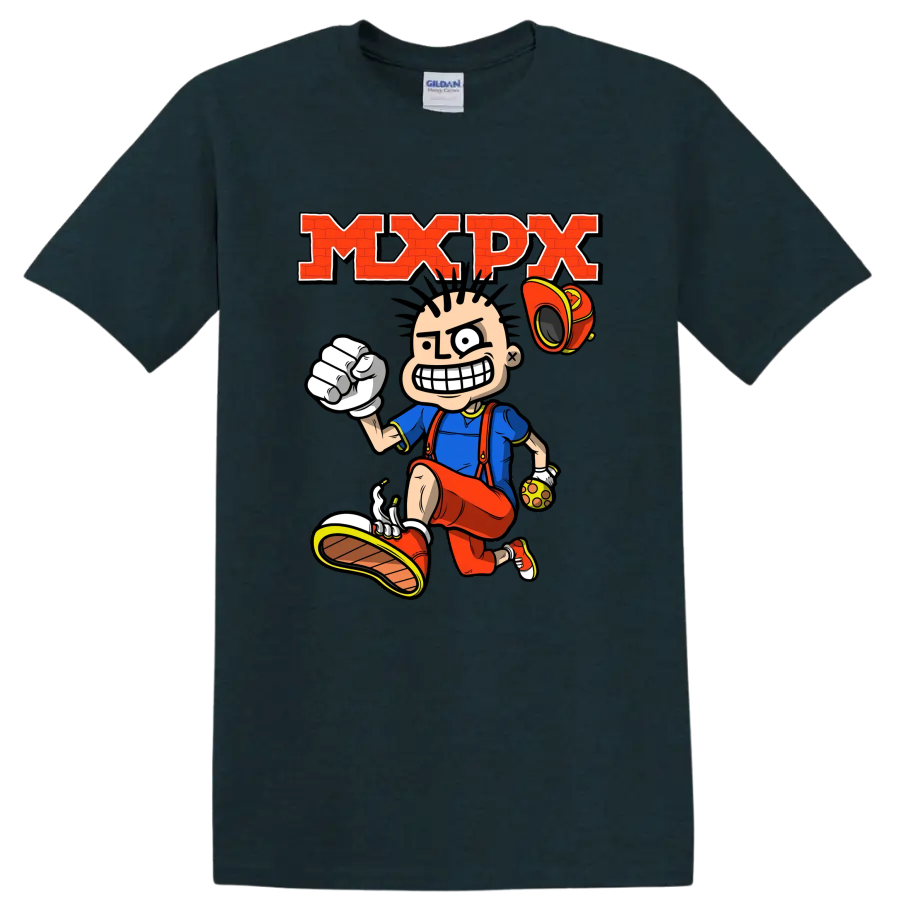 MxPx punk rock cartoon skateboarder graphic with bold red lettering on a Midnight (Green) T Shirt