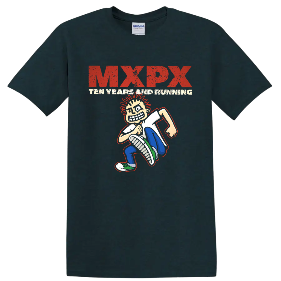 MxPx Teenage Politics distressed punk graphic with cartoon character on a Midnight (Green) T Shirt