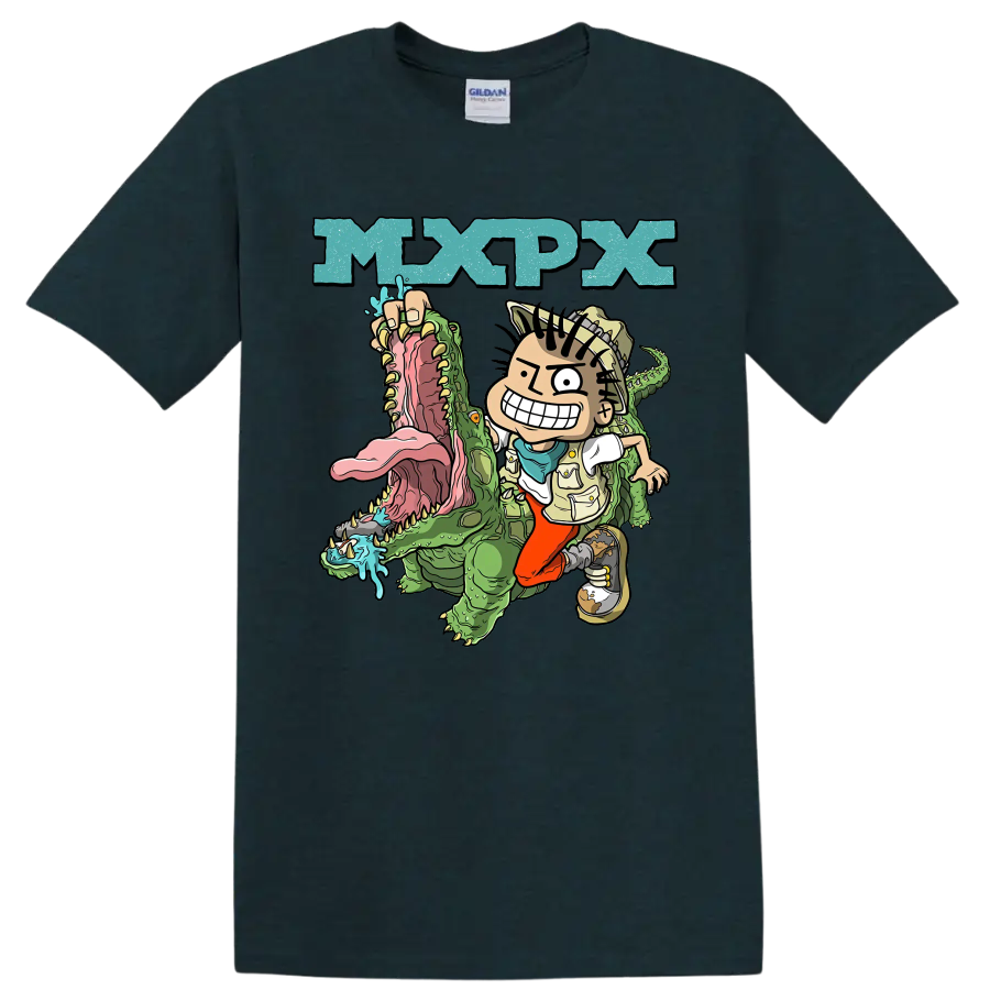 MxPx cartoon punk rock design with character riding a green crocodile on a Midnight (Green) T Shirt
