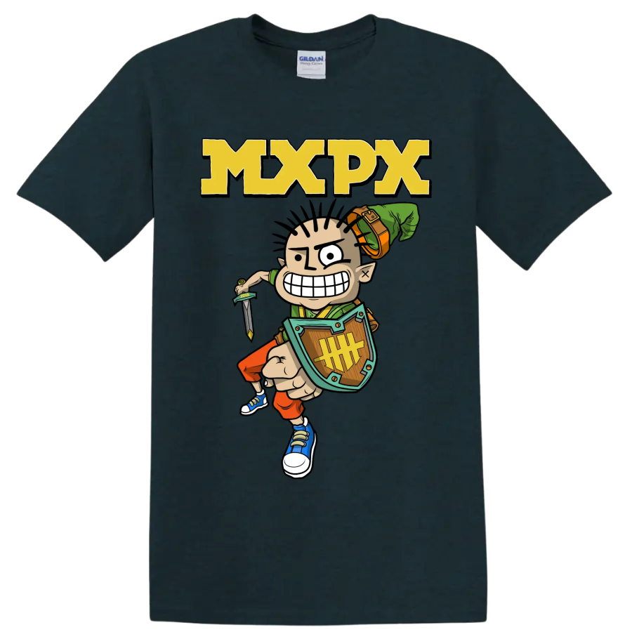 MxPx cartoon warrior punk rock graphic with bold MXPX lettering on a Midnight (Green) T Shirt