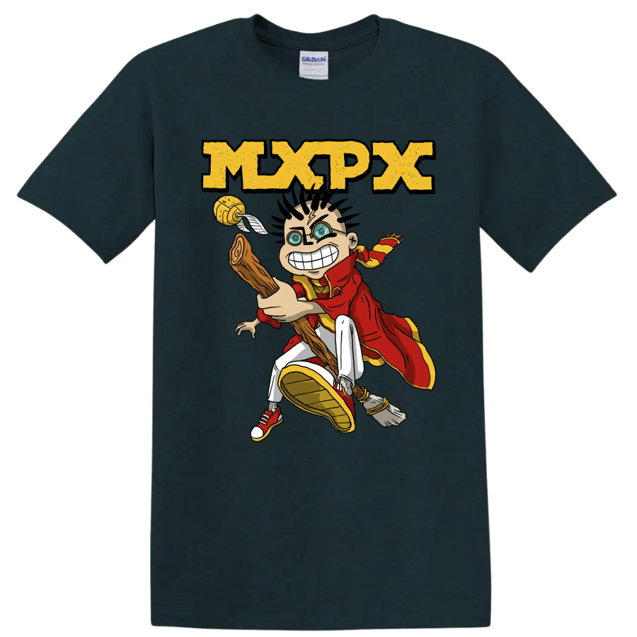MxPx punk rock cartoon character graphic with distressed logo on a Midnight (Green) T Shirt