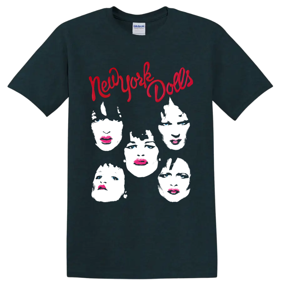 New York Dolls punk rock graphic with red script and five stylized faces on a Midnight (Green) T Shirt