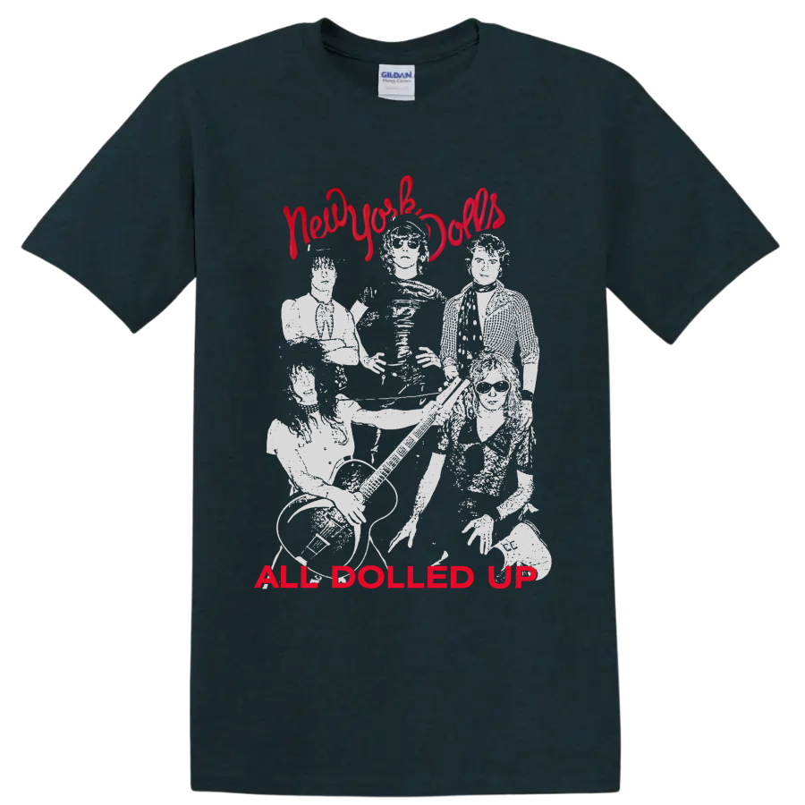 New York Dolls punk rock band portrait with All Dolled Up text on a Midnight (Green) T Shirt