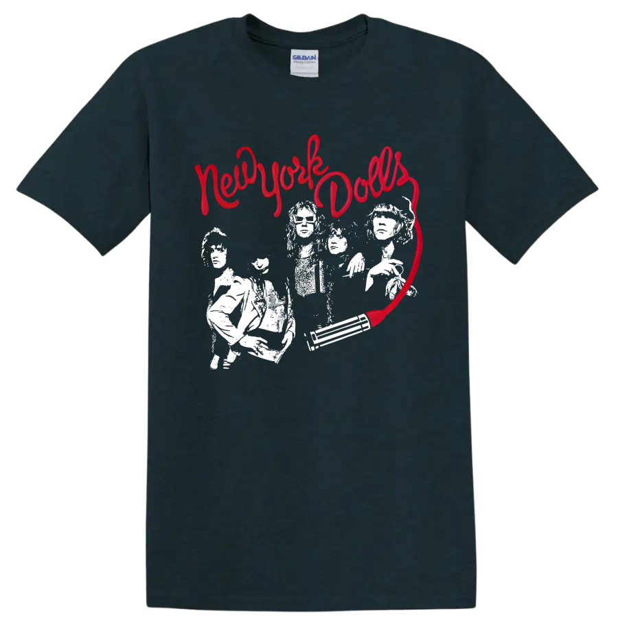 New York Dolls punk rock graphic with red script and white performers on a Midnight (Green) T Shirt