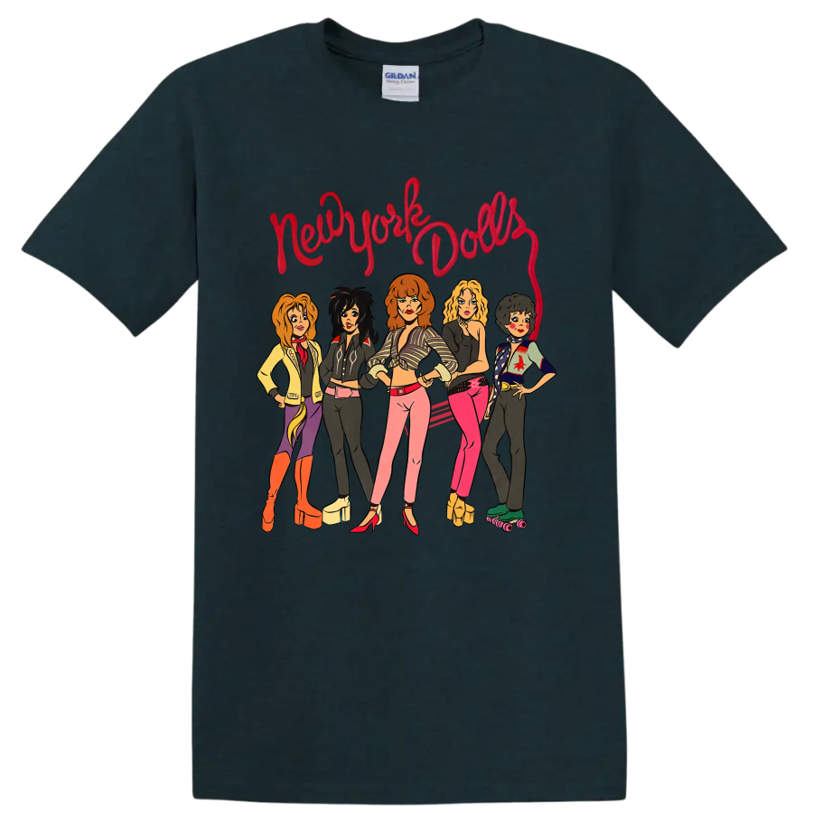 New York Dolls illustrated punk rock band graphic with red script lettering on a Midnight (Green) T Shirt