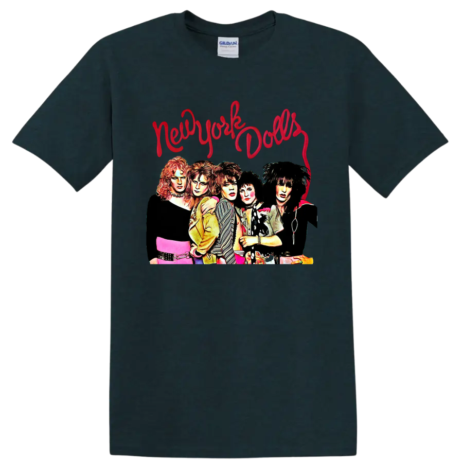 New York Dolls punk rock group portrait with red script lettering on a Midnight (Green) T Shirt