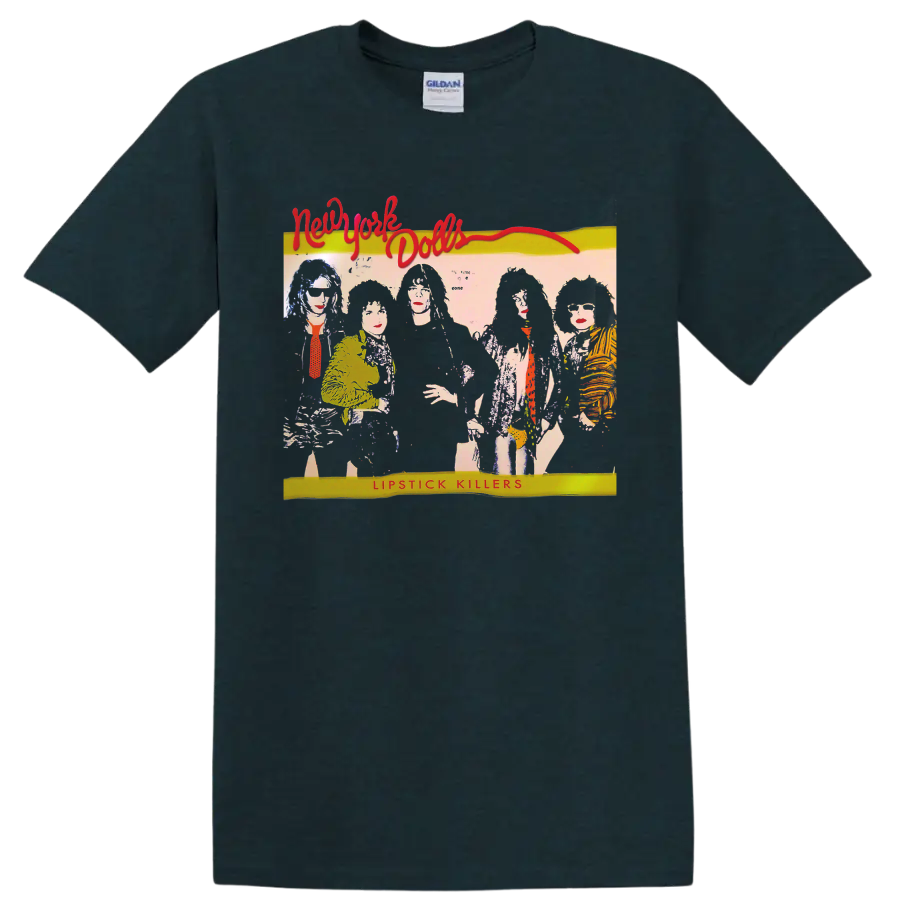 New York Dolls illustrated punk band graphic with Lipstick Killers text on a Midnight (Green) T Shirt