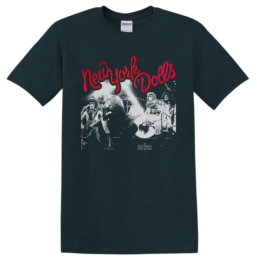 New York Dolls distressed punk rock graphic with red script lettering on a Midnight (Green) T Shirt