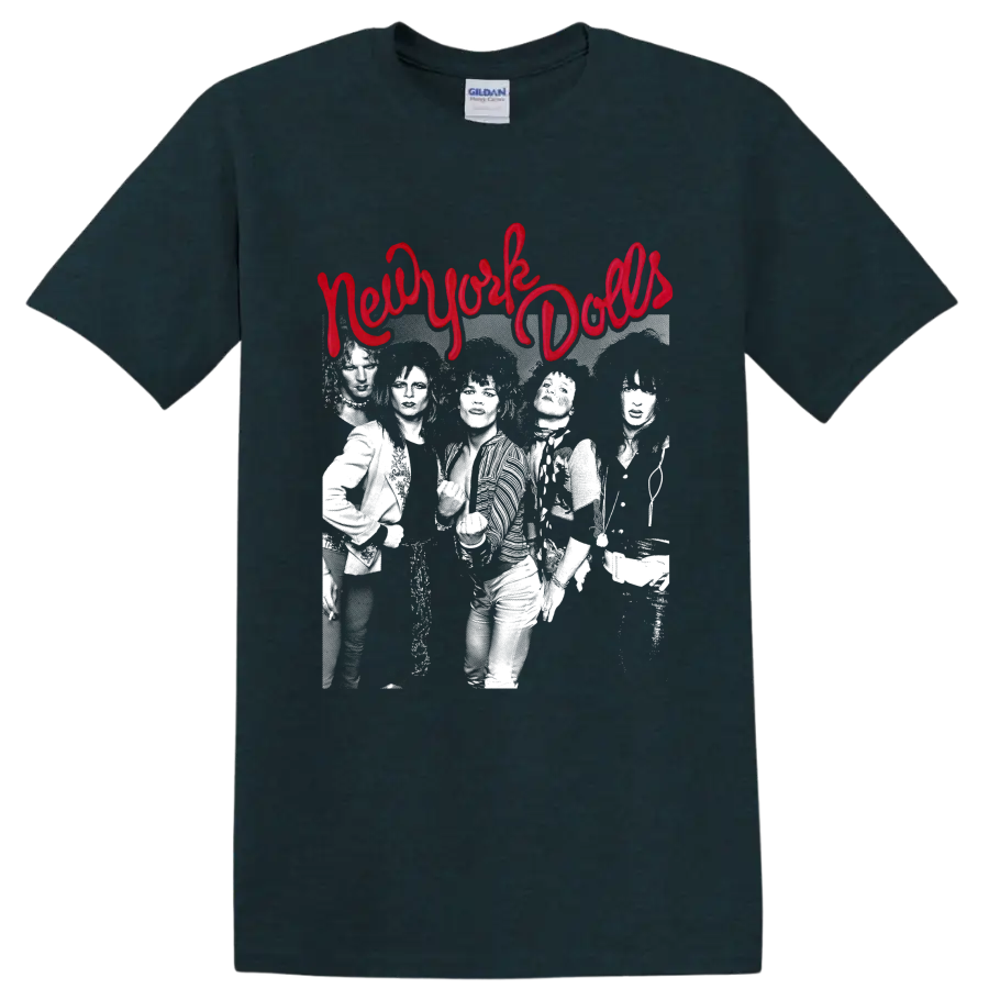 New York Dolls punk rock graphic with red script and band photo on a Midnight (Green) T Shirt