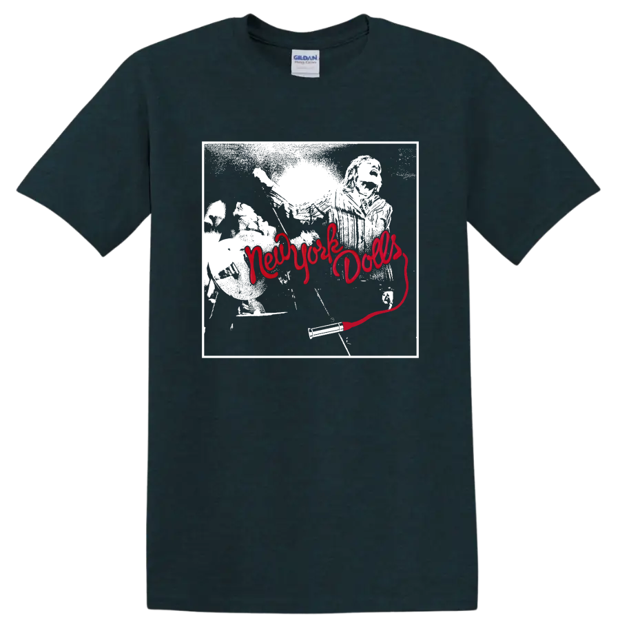 New York Dolls punk rock band portrait with bold red script graphic on a Midnight (Green) T Shirt