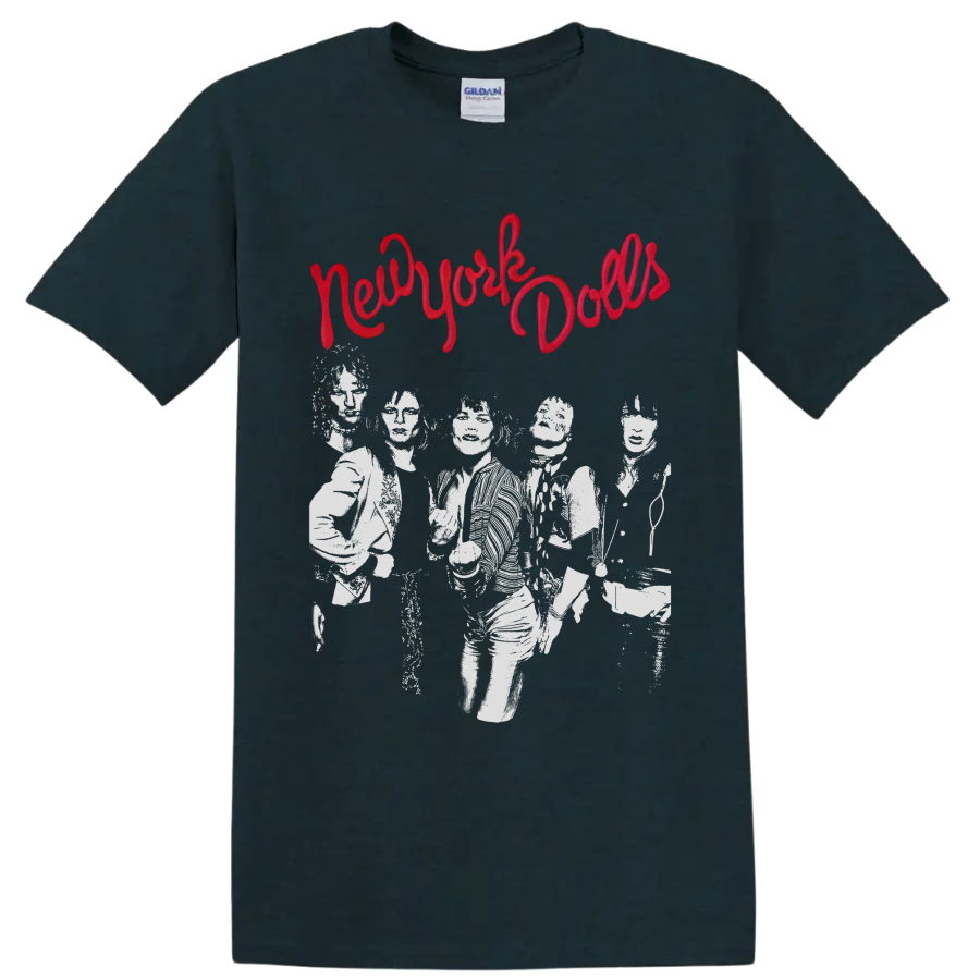 New York Dolls distressed punk rock band graphic with red script lettering on a Midnight (Green) T Shirt