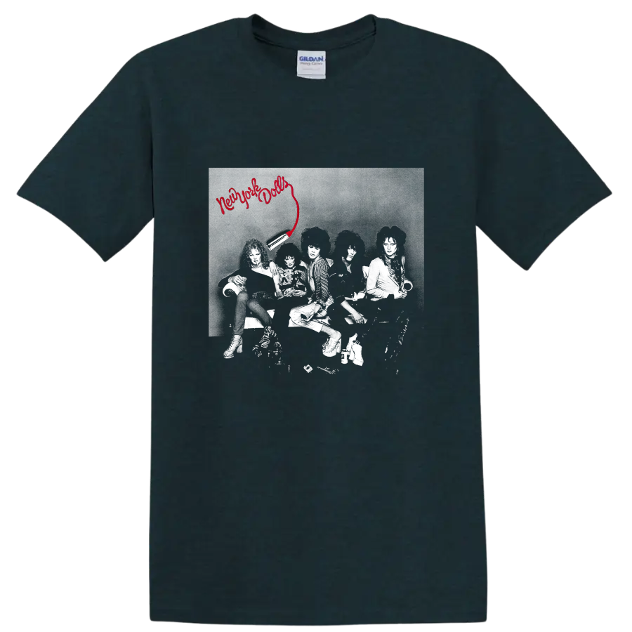 New York Dolls punk rock graphic with red script and band photo on a Midnight (Green) T Shirt