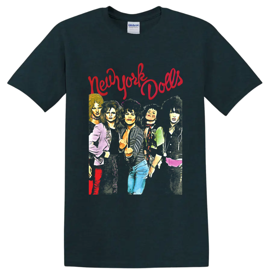 New York Dolls colorful punk rock band portrait with red script lettering on a Midnight (Green) T Shirt