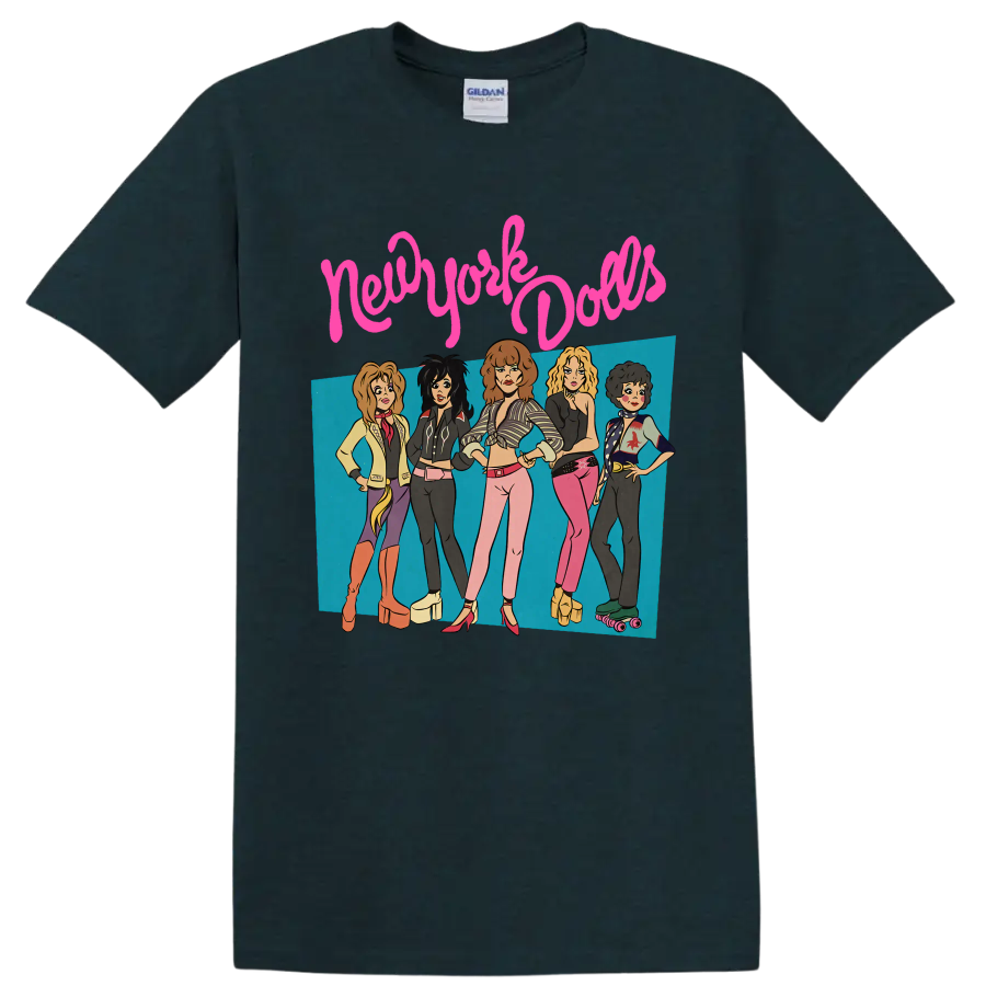 New York Dolls punk rock band graphic with five performers and pink lettering on a Midnight (Green) T Shirt