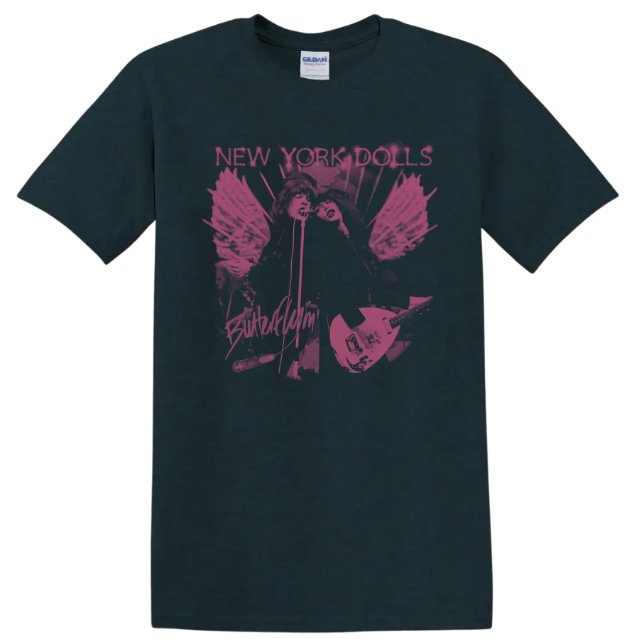New York Dolls distressed punk rock graphic with illustrated figures and guitars on a Midnight (Green) T Shirt