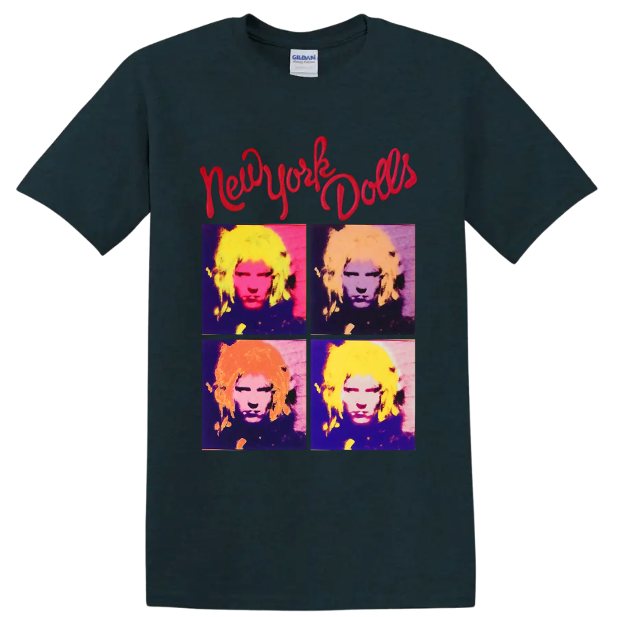 New York Dolls four-panel pop art portrait with red script lettering on a Midnight (Green) T Shirt