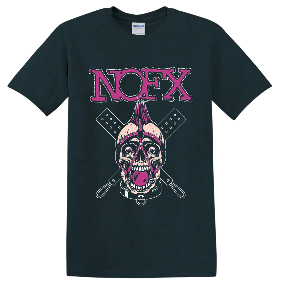 NOFX punk rock skull graphic with magenta lettering and crossed elements on a Midnight (Green) T Shirt