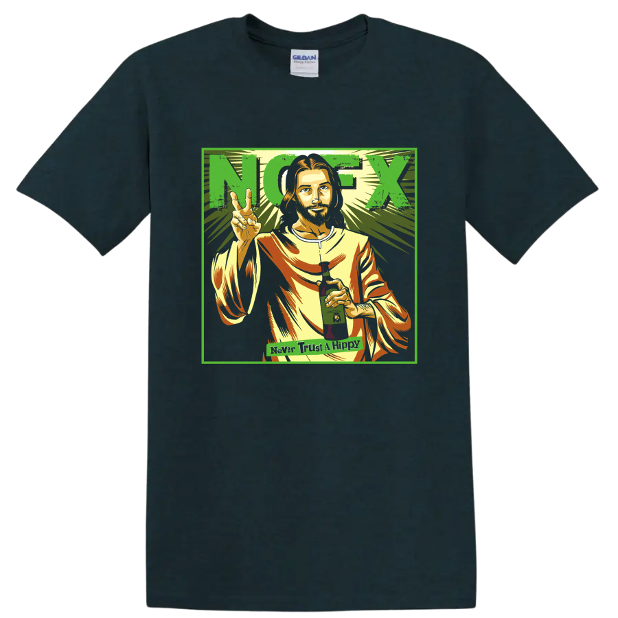 NOFX punk rock portrait graphic with peace sign and bold lettering on a Midnight (Green) T Shirt