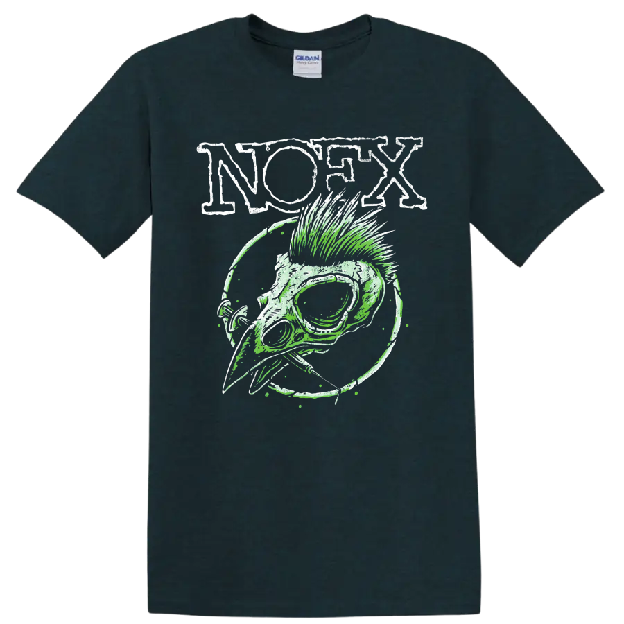 NOFX punk rock skull graphic with distressed lettering and green linework on a Midnight (Green) T Shirt