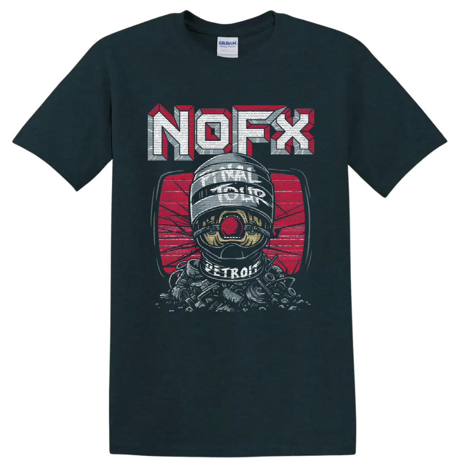 NOFX astronaut graphic with bold red and silver punk rock lettering on a Midnight (Green) T Shirt