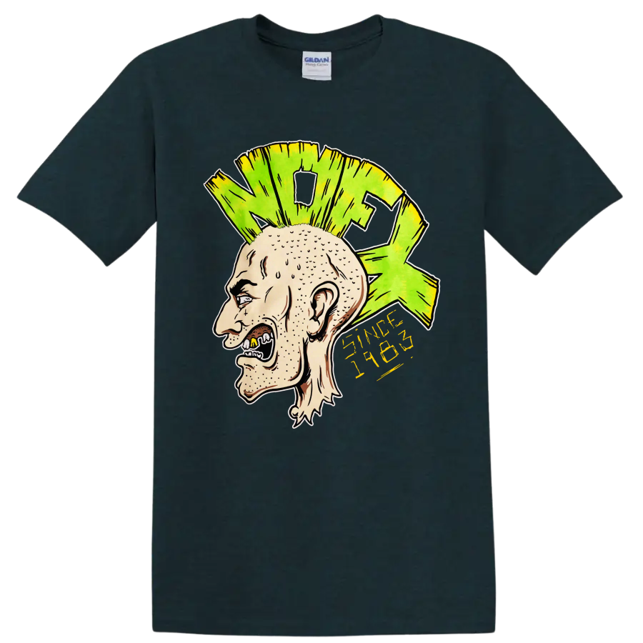 NOFX punk rock illustrated head with bright green mohawk and yellow lettering on a Midnight (Green) T Shirt