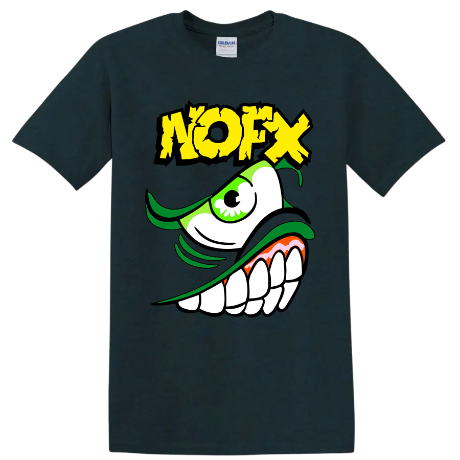 NOFX green monster punk rock graphic with distressed yellow lettering on a Midnight (Green) T Shirt