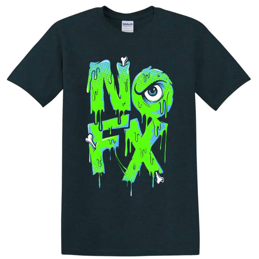 NOFX dripping punk rock band logo in neon green and blue on a Midnight (Green) T Shirt