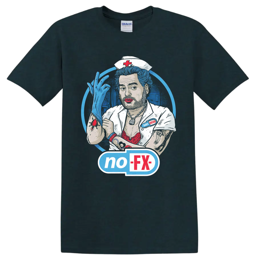 NOFX punk rock nurse illustration with blue hair and no-FX graphic on a Midnight (Green) T Shirt