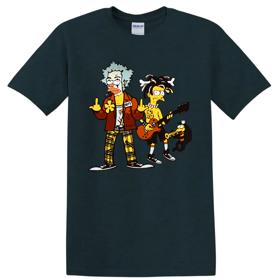 NOFX cartoon punk rock band with guitar and saxophone graphic on a Midnight (Green) T Shirt