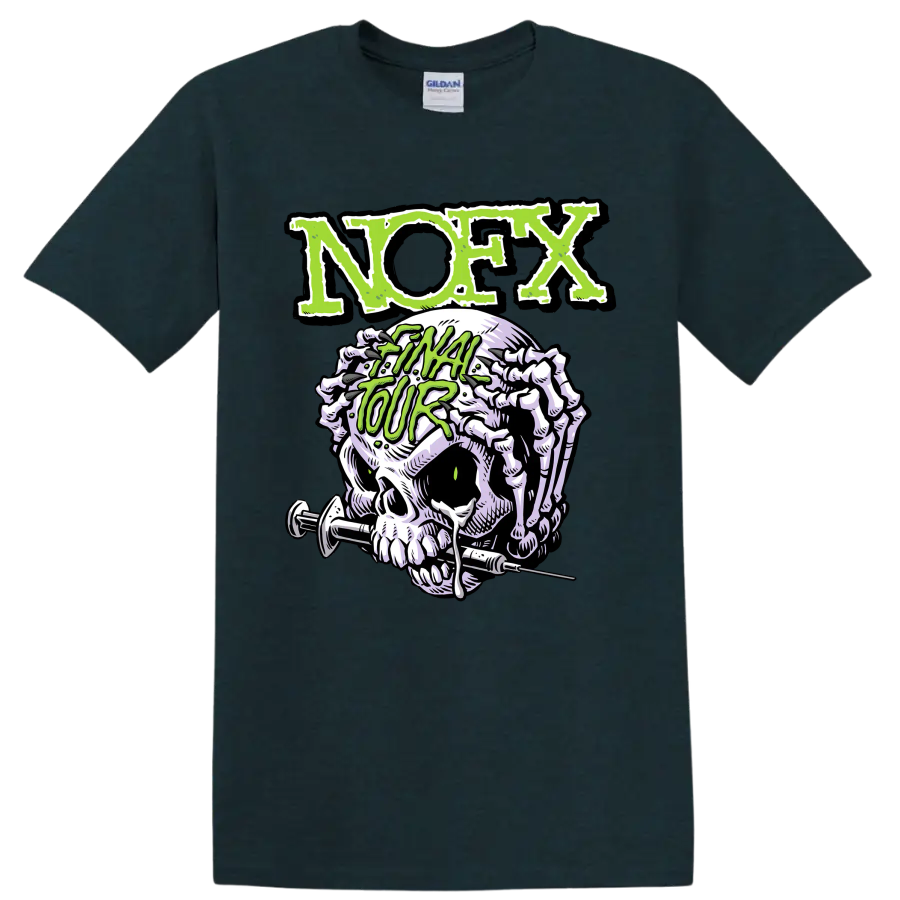 NOFX punk rock skull graphic with distressed green lettering on a Midnight (Green) T Shirt
