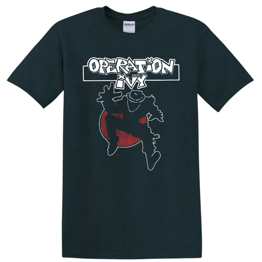 Operation Ivy punk rock graphic with distressed white lettering and red accents on a Midnight (Green) T Shirt