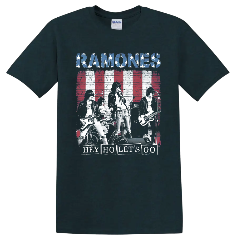 Ramones distressed punk rock graphic with stars, musicians, and striped backdrop on a Midnight (Green) T Shirt