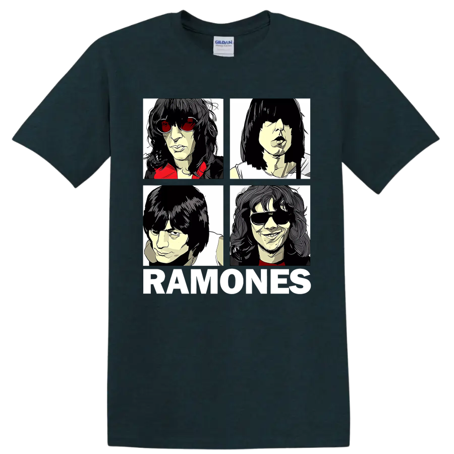 Ramones four-panel punk rock portraits with RAMONES lettering on a Midnight (Green) T Shirt
