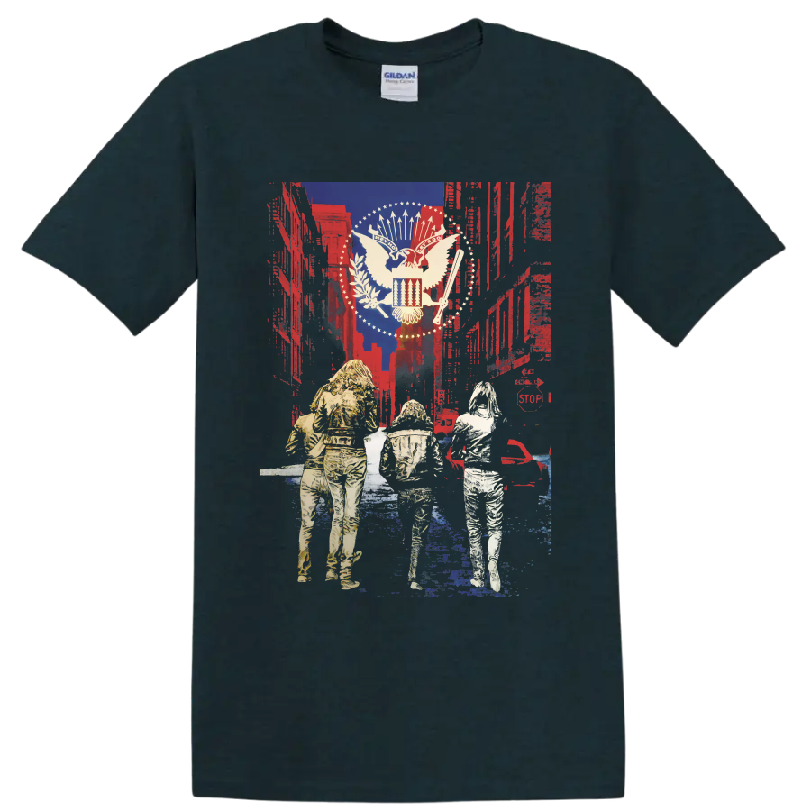 Ramones punk rock eagle graphic with distressed patriotic collage and three figures on a Midnight (Green) T Shirt