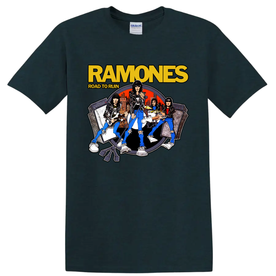 Ramones Road to Ruin illustrated punk rock band graphic print on a Midnight (Green) T Shirt