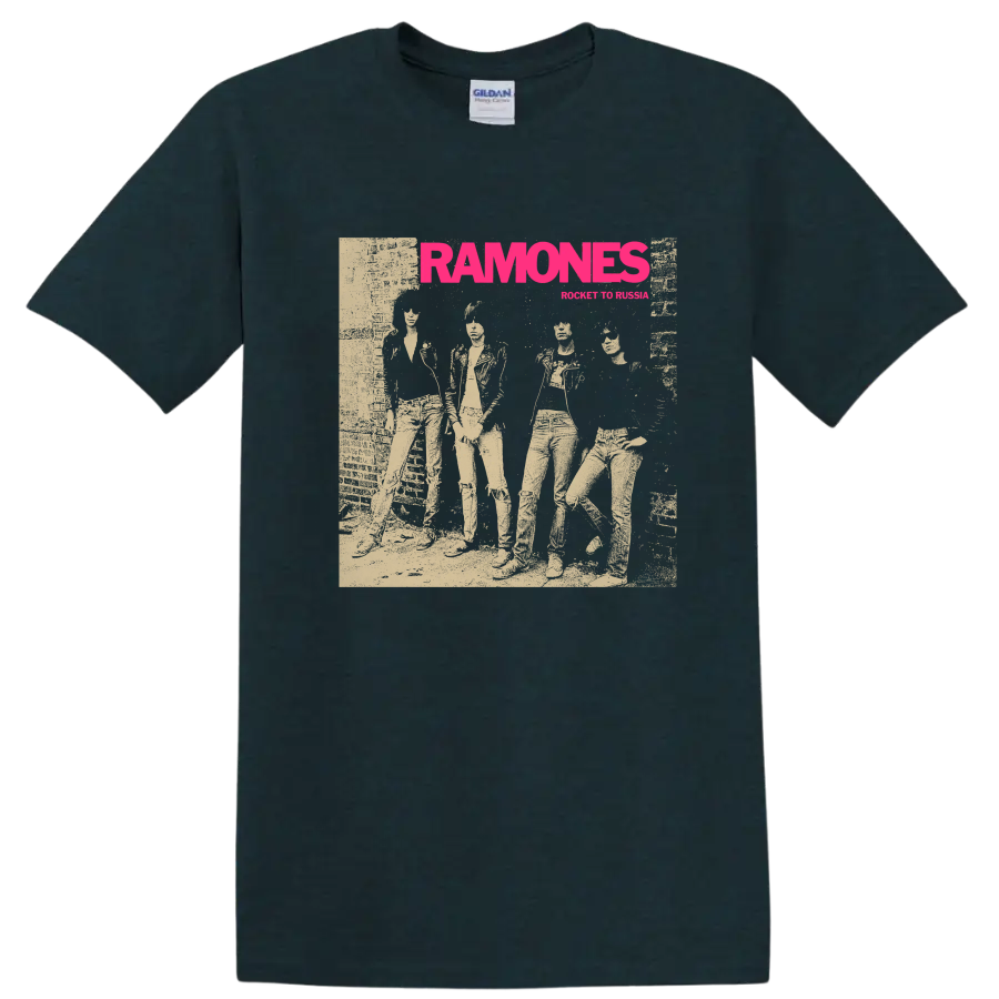 Ramones punk rock band graphic with bold pink lettering and performer collage on a Midnight (Green) T Shirt