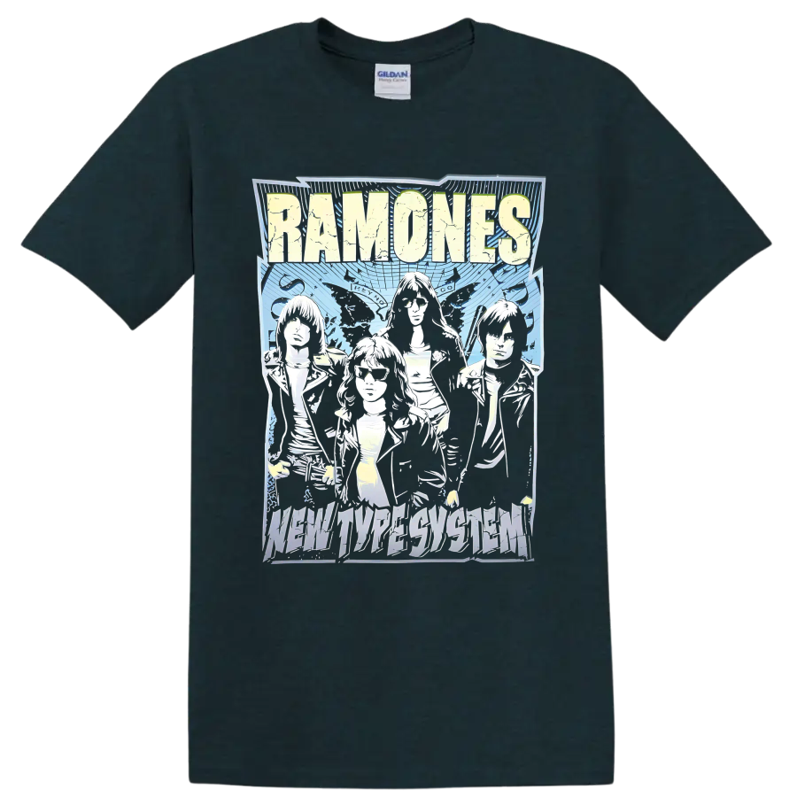Ramones punk rock band graphic with illustrated portraits and bold lettering on a Midnight (Green) T Shirt