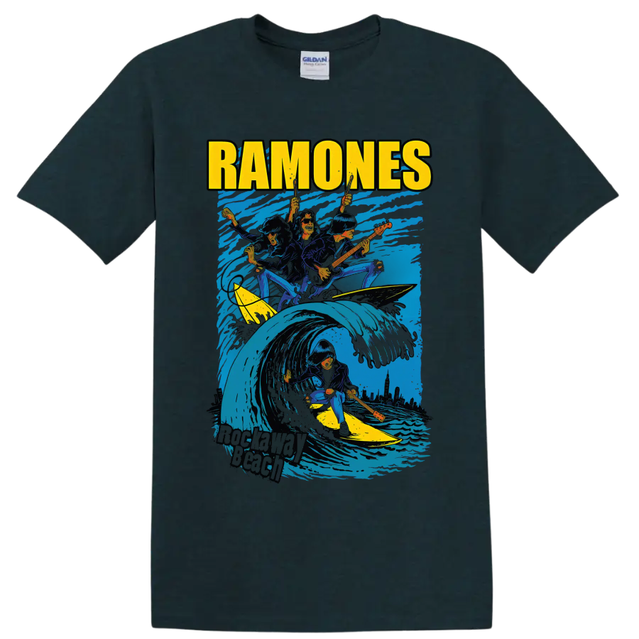 Ramones punk rock band surfing wave graphic with guitars on a Midnight (Green) T Shirt