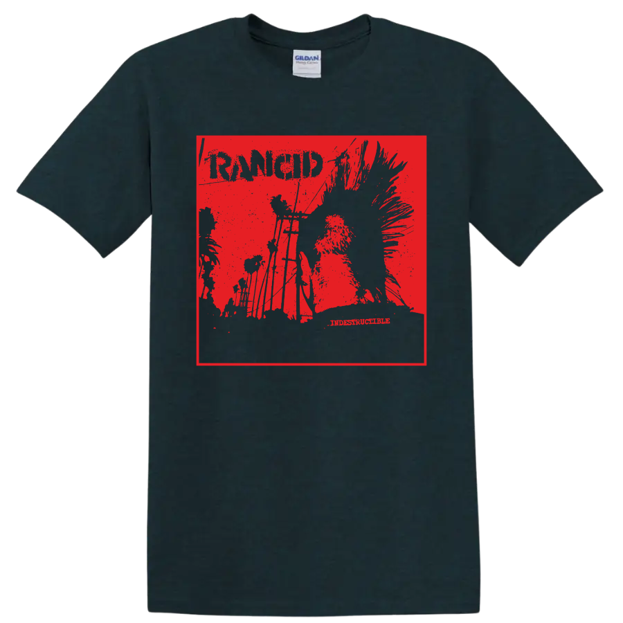 Rancid punk rock distressed graphic with bold band lettering on a Midnight (Green) T Shirt