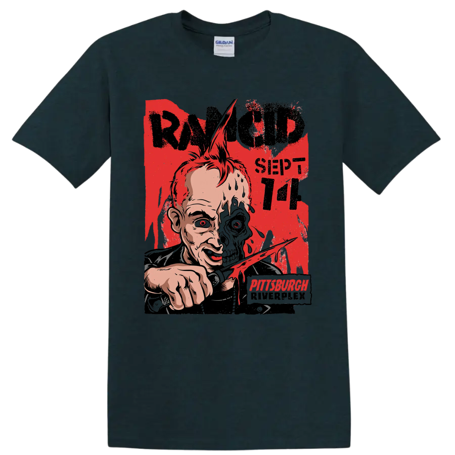 Rancid punk rock distressed half-skull artwork with Pittsburgh lettering on a Midnight (Green) T Shirt