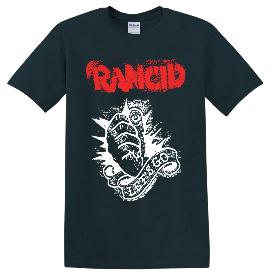 Rancid distressed red logo with white punk rock illustration on a Midnight (Green) T Shirt