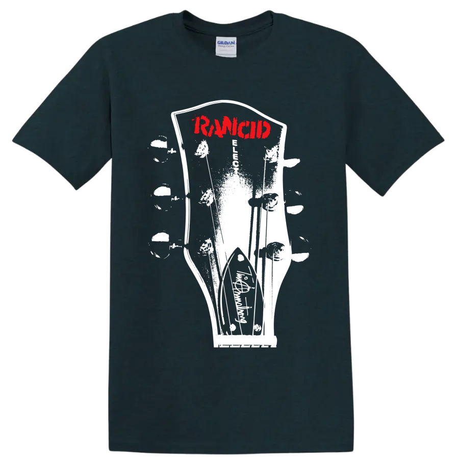 Rancid punk rock band red logo with distressed black-and-white graphic on a Midnight (Green) T Shirt