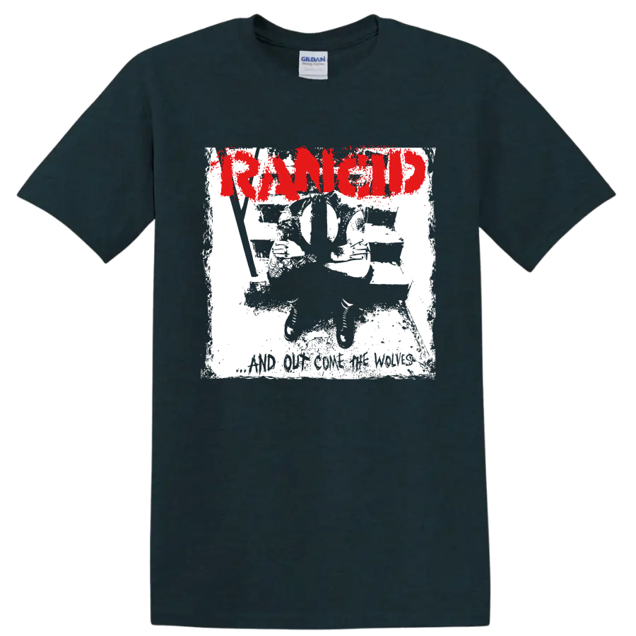 Distressed red Rancid logo with black and white punk artwork on a Midnight (Green) T Shirt