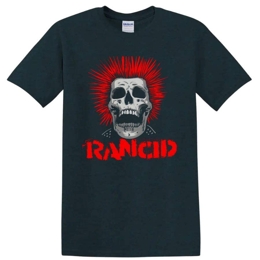Rancid distressed skull graphic with red burst and bold lettering on a Midnight (Green) T Shirt