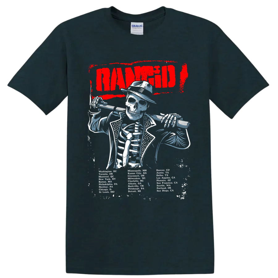 Rancid skeleton musician graphic with bold red lettering on a Midnight (Green) T Shirt