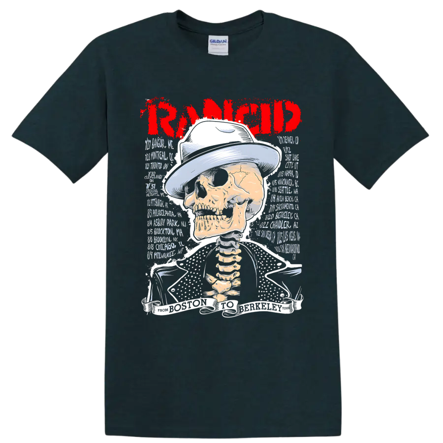 Rancid punk rock skull graphic with distressed red band lettering on a Midnight (Green) T Shirt