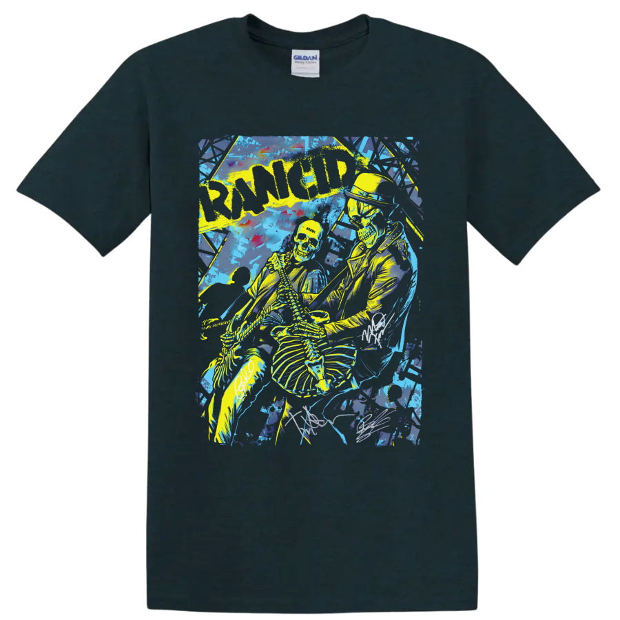 Rancid punk rock skeleton graphic with bold lettering on a Midnight (Green) T Shirt