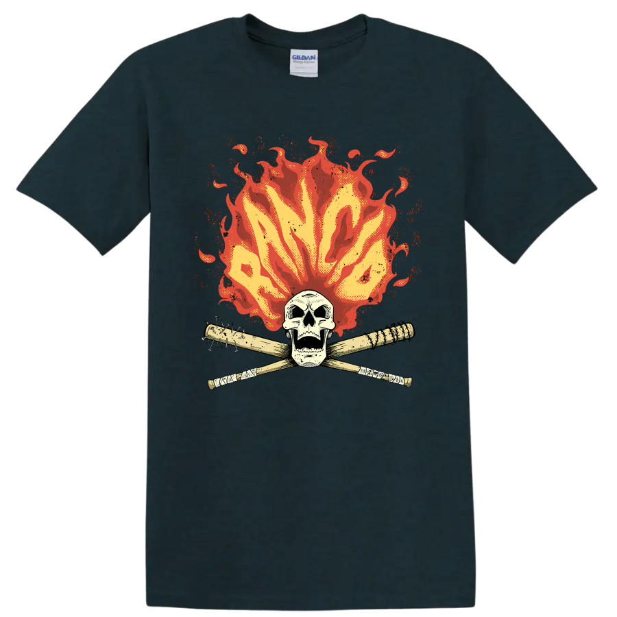 Rancid punk rock skull with crossed bats and distressed flames on a Midnight (Green) T Shirt