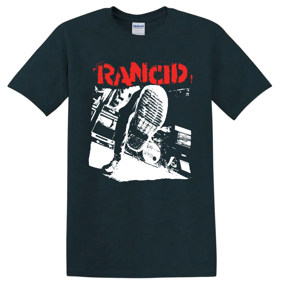 Rancid distressed red logo with bold monochrome punk rock artwork on a Midnight (Green) T Shirt