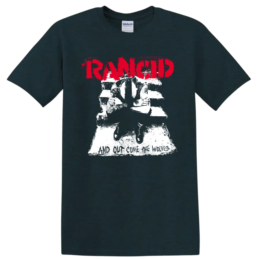 Rancid punk rock graphic with distressed red lettering and white illustration on a Midnight (Green) T Shirt